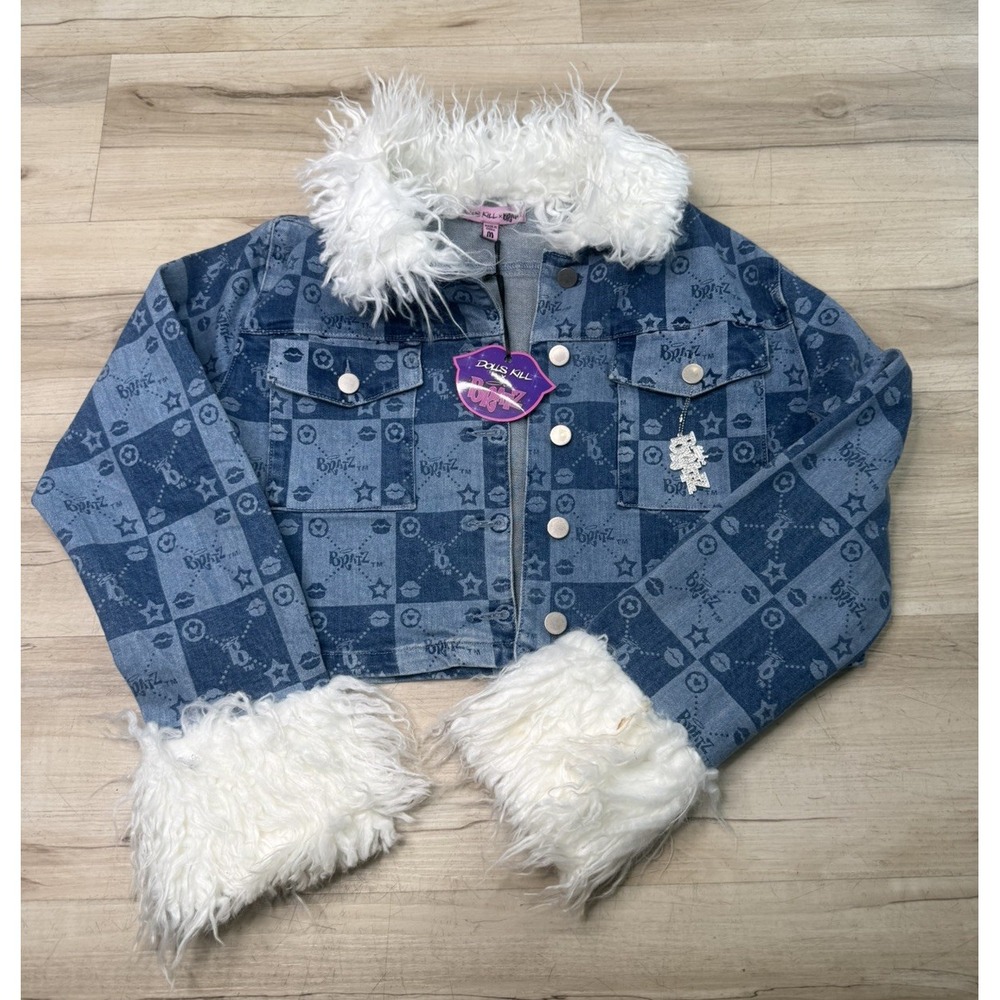 Dolls Kill x Bratz Denim Jacket cropped Y2k Blue Checkered Medium Brand new